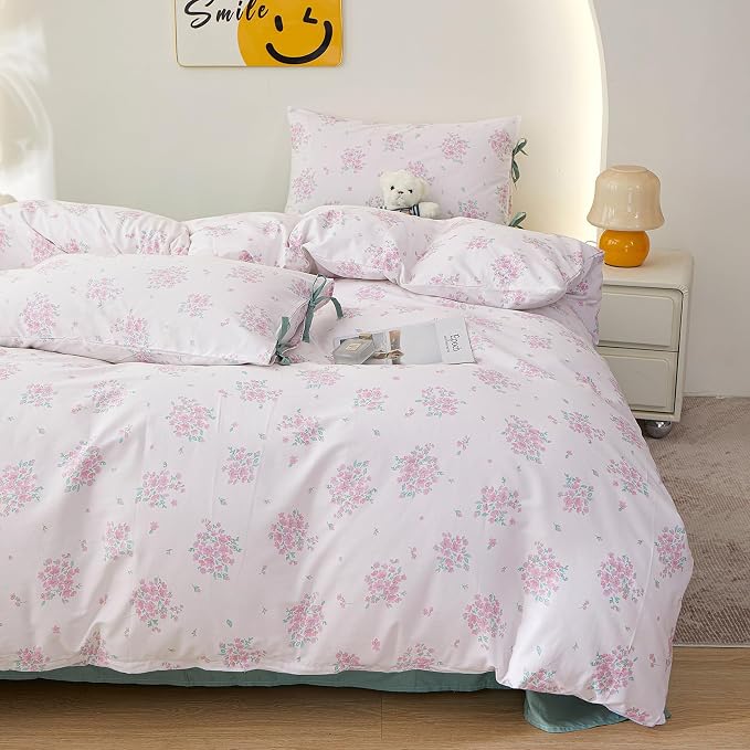 LifeTB Aesthetic Floral Comforter Set Queen, 3 Pieces Pink White Cottagecore Comforter Floral Bedding Set, Lightweight Vintage Botanical Flowers Comforter with 2 Bow Ties Pillowcases for Girls Women