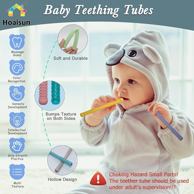 Hoaisun Teething Toys 3-6 Months 8 Pack, Silicone Teethers for Babies Nursing, Teething Tubes Sticks for Babies 6-12 12-18 Months, Autism Sensory Toys for Kids Chewing, Biting