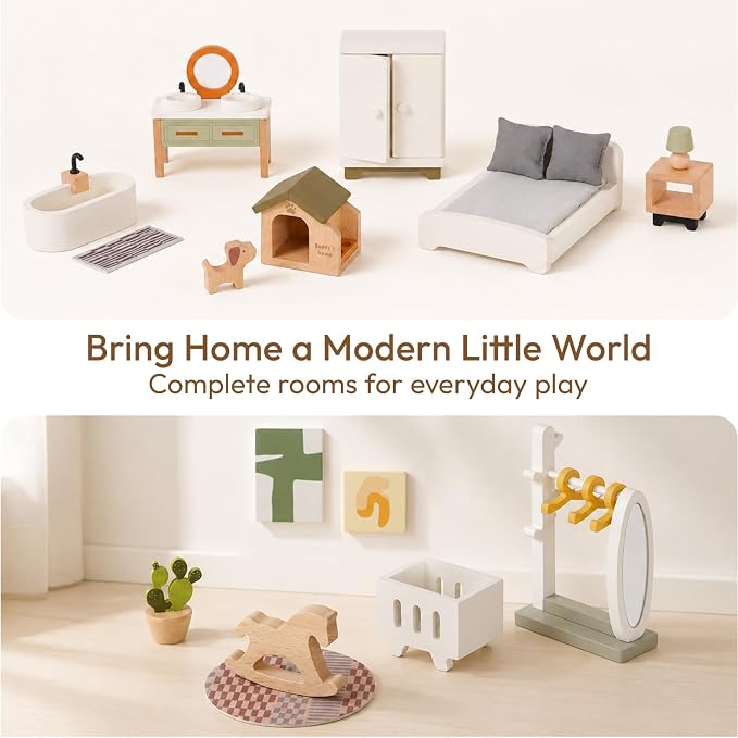 Giant bean 33 PCS Wooden Dollhouse Furniture Set, Modern Doll House Accessories with Bedroom, Kitchen, Bathroom, Nursery & Living Room, Montessori Pretend Play Toys for Kids Girls Boys Age 3+