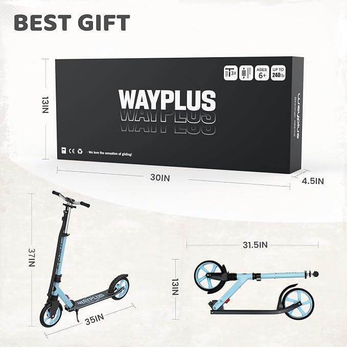 WAYPLUS KS1 Kick Scooter for Ages 6+,Kid, Teens & Adults. Max Load 240 LBS. Foldable, Lightweight, 8IN Big Wheels for Kids, Teen and Adults, 4 Adjustable Levels. Bearing ABEC9 FED Fitness