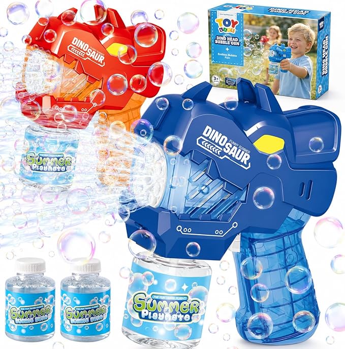 TOY Life Dinosaur Bubble Guns for Kids Ages 4-8, 2 Pack Automatic Bubble Blaster Gun for Toddlers 1-3, Battery Operated Bubble Machine Toys for Boys Girls Dinosaur Bubble Blower (Red & Blue)
