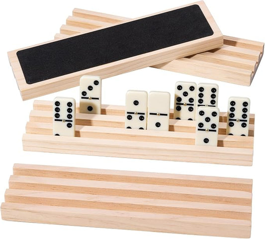 Wooden Domino Trays Holders, Set of 4 Domino Racks for Mexican Train Dominoes and Other Classic Games, Mexican Train Accessories