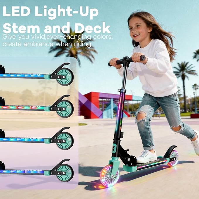 2 Wheel Scooter for Kids 3-12, Light Up Wheels & LED Stem Kick Scooter, Height Adjustable & Foldable Design, Lightweight Sport Scooter for Girls Boys with Kickstand