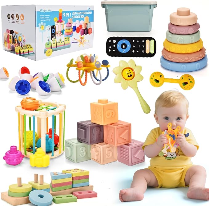 Baby Toys 6 to 12 Months 9 in 1 Montessori Teething Toys Sorting Sensory Educational Learning Gift for Toddlers Aged 1-3