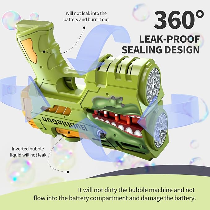 Rechargeable Green Dinosaur Bubble Guns for Kids, LED Light Up Bubble Machine Blower with Bubble Refill Solution for Kids, Bubble Makers Blaster for Toddlers, Summer Wedding Toys Gift
