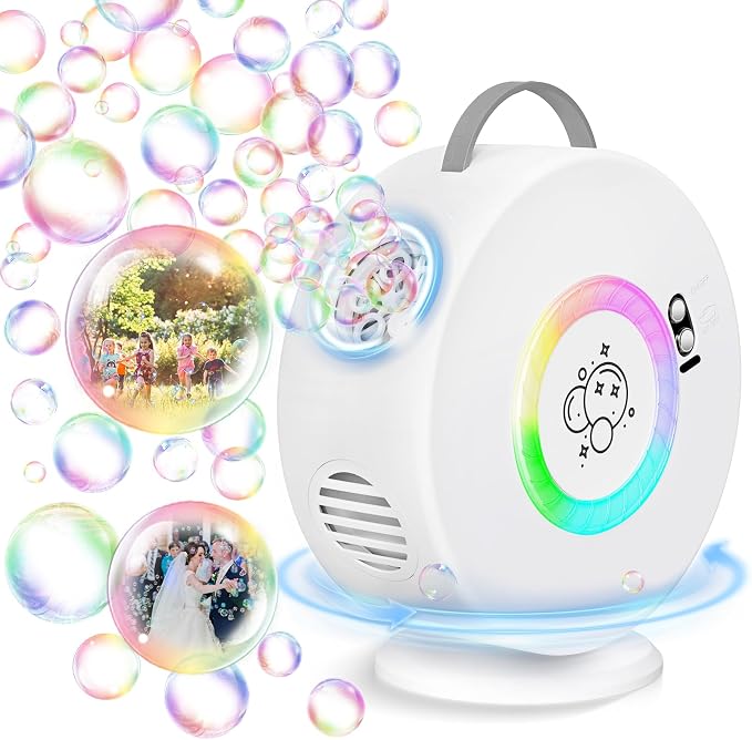 Bubble Machine Automatic LED Lights Bubble Blower for Kids Portable Bubble Maker Auto Rotating 90°/360° Outdoor Toy for Easter and Birthday Gift Party Wedding (Led White)