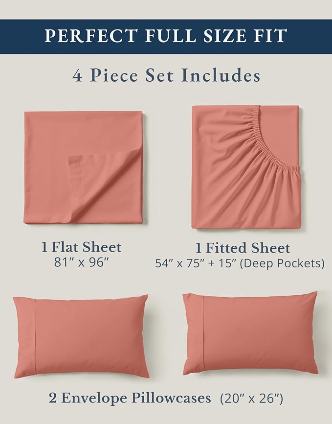 LANE LINEN Full Sheet Set 100% Organic Cotton 4pc Percale Soft - Rose Dawn | Full Sheets In Organic Cotton Percale - Crisp Cool Percale Weave, Great For Gifting, Easy-Care Machine Washable