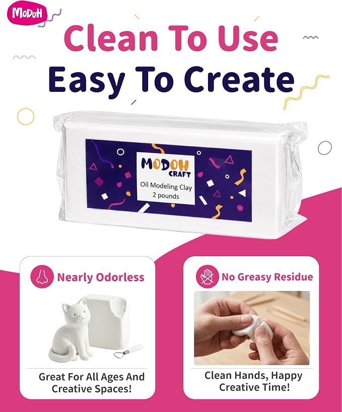 Plasticine Oil Based Modeling Clay, Non Hardening Reusable Clay, Non Toxic, Sulfur Free, No Bake, Non Drying Professional Plastilina Sculpting Clay (White, 2 Lbs) (2026 Formula Upgrade)