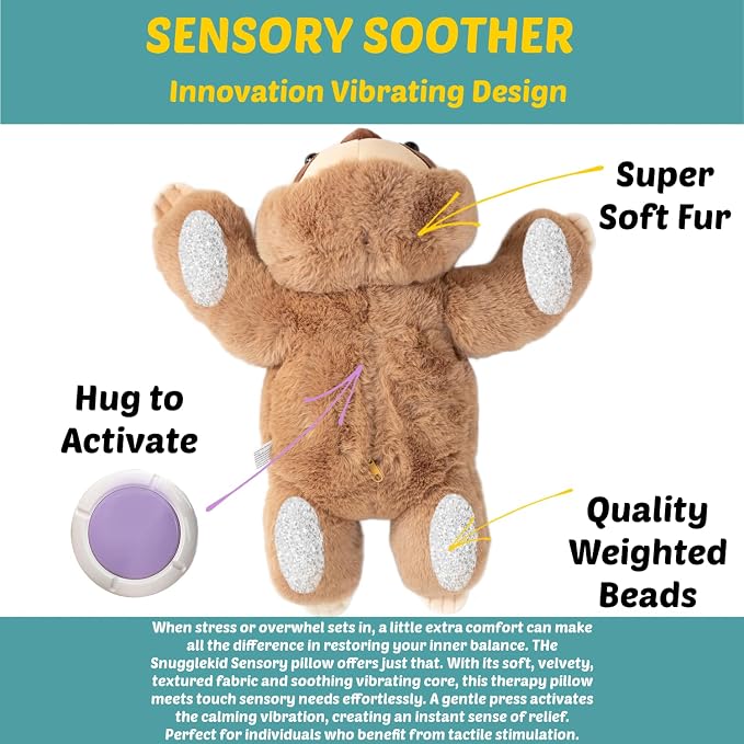 Sloth Sensory Weighted Vibrating Pillow, Pressure Activated for Kids Adults, Plush Minky Soft Size: 11 by 20 inches Pillow Animal, Calming Therapy for Focus and Balance for Gift Birthday