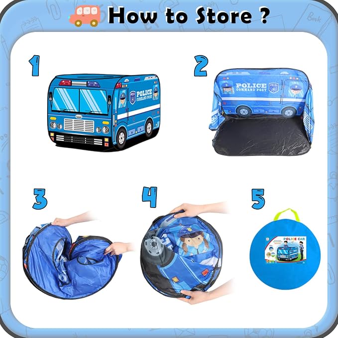 Pop Up Play Tent for Kids Aged 3-5 Years Old Boys and Girls : Police Car Playhouse Toy Play Tents for Toddlers 3-5 Kids Tent Indoor Outdoor Playhouse Toys for 3 + Year Old, Police Car
