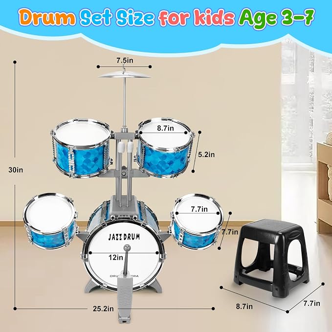 Kids Drum Set 5 Piece Drums Set for Toddlers 3-5, Toddler Drum Set 5-7 Musical Instrument Toys Percussion Birthday for 3 4 5 6 7 8 Years Old Kid Girls Boys