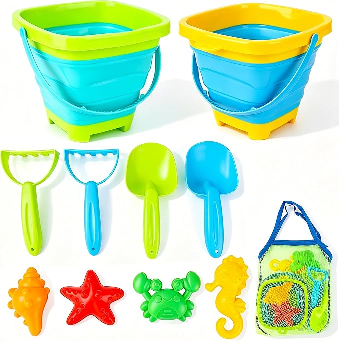 VGY Space-Saving Beach Toys for Kids,2 Collapsible Sand Buckets with Shovels,Rakes,Molds & Mesh Beach Bag,Portable Travel Sandbox Toys for Toddlers Ages 3-10