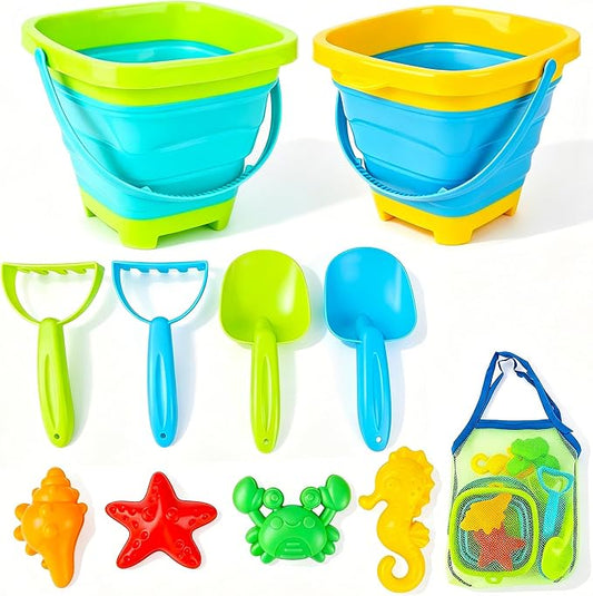 VGY Space-Saving Beach Toys for Kids,2 Collapsible Sand Buckets with Shovels,Rakes,Molds & Mesh Beach Bag,Portable Travel Sandbox Toys for Toddlers Ages 3-10