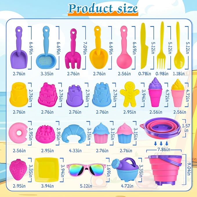 31PCS Beach Toys Set for Girls Kids, Collapsible Sand Bucket and Shovels Set with Watering Can, Ice Cream Cake Sand Molds,Mesh Bag, Outdoor Play Travel Beach Toys for Kids Toddler Boys Girls