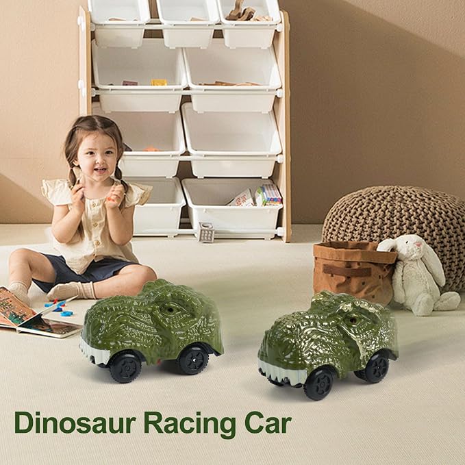 BEMITON Pack of 2 Dinosaur Car Toy - Birthday Gifts for 3 4 5 6 7 Year Old Boys Kids, Replacement Track Car with LED Light Up - Dino Accessories Compatible with Race Track Building Kits