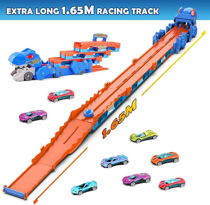 VATOS Toddler Truck Toy - Ejection Folding Dinosaur Track, Portable Truck Car with 8 Race Cars, Best Gift Toy Cars Set for Toddlers 3 4 5 6 7 Years Old