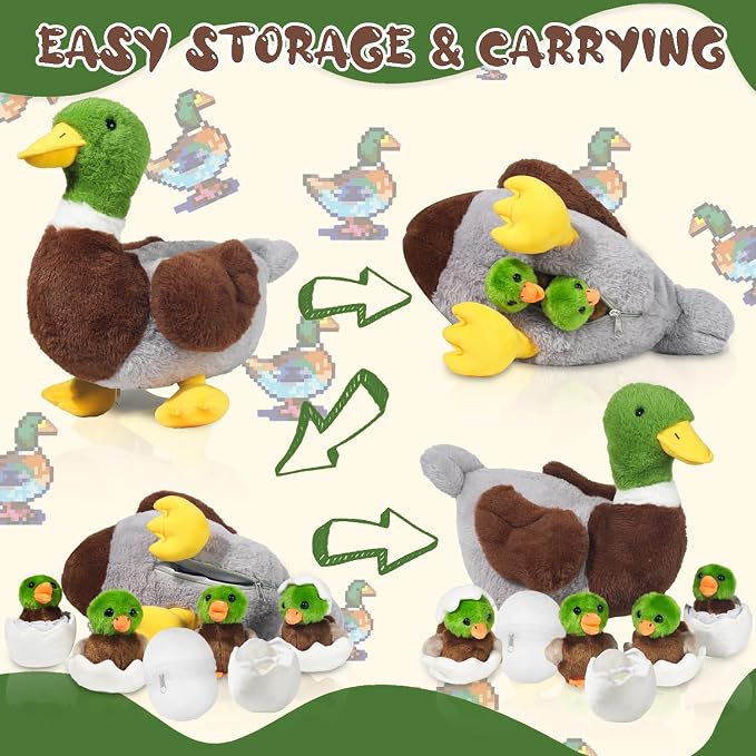 Youthfuljive 7 in 1 Mallard Duck Stuffed Animals Duck Plush Toys, 12" Zipper Mommy Stuffed Duck with 4 Baby Ducks Ducklings Eggs Green Duck Plushies Pillow for Kids Birthday Farm Party Decor
