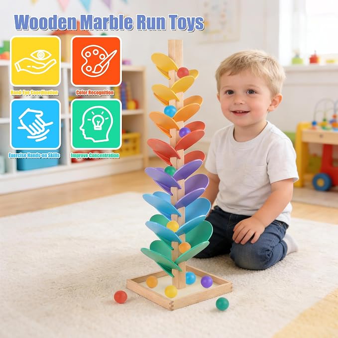 Wooden Marble Run Music Tree Marble Run Learning Game Montessori Wooden Color Sorting Toy Birthday Gift for Boys and Girls Ages 3-8
