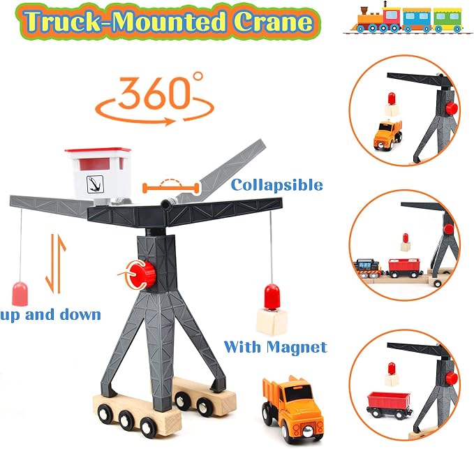 WOOD CITY Wooden Train Set, 56-Piece Deluxe Kids Toy Train Set for 2 3 4 5 Year Old Boy, Cargo-Themed Train Track with Tower Crane & Suspension Bridge - Fits Thomas Brio Chuggington Melissa Orbrium