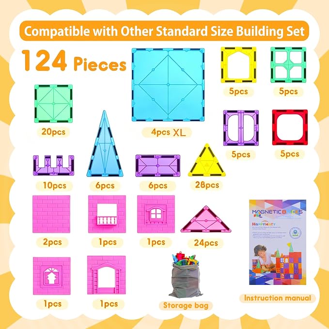 Antibacterial Magnetic Tiles 124PCS, STEM Toy for Kids Aged 3+ | 4 XL squares, Bacteria resistant, Safer play, EPA-registered, Fits other brands, ABS plastic, Montessori toy, Classroom gift