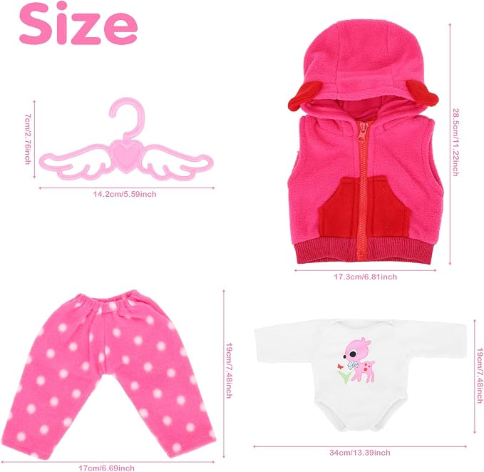 4 PCS Baby Doll Clothes and Accessories for 14-16 Inch Born Baby Dolls 1 Pink Hooded Vest with Pants T-Shirt and 1 Hanger Outfit Clothing Set for Dolls