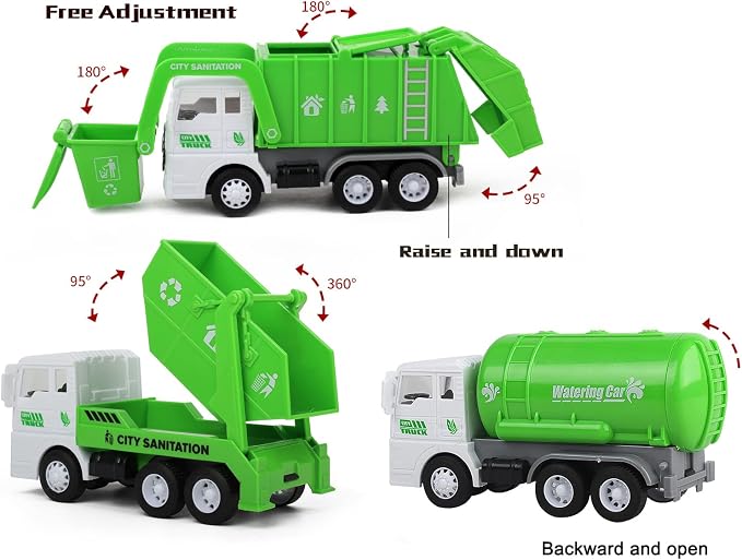 FIVEDAOGANG Toy Vehicles Set 3 Pack Sanitation Truck Car Model Garbage Trucks Water Tanker Playset with 8 Signpost Friction Power for Boys Age 3+ Toddlers Kids Holiday Birthday Gift Children