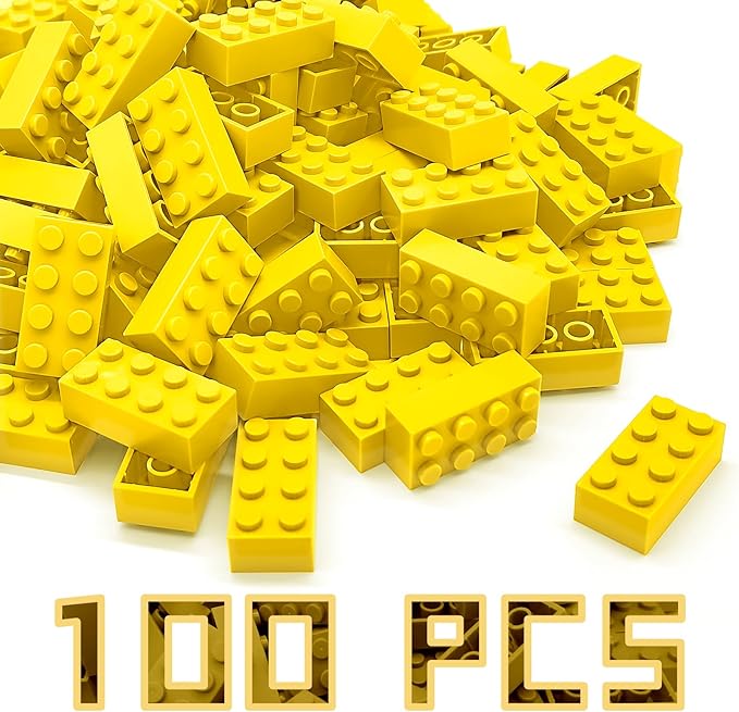 Classic Building Brick 2x4 100 Pieces, Compatible with LEGO 3001 Bulk Block Set, Creative Building Toy DIY, Suitable for Boys Girls and Teenagers Aged 6+ (Yellow)