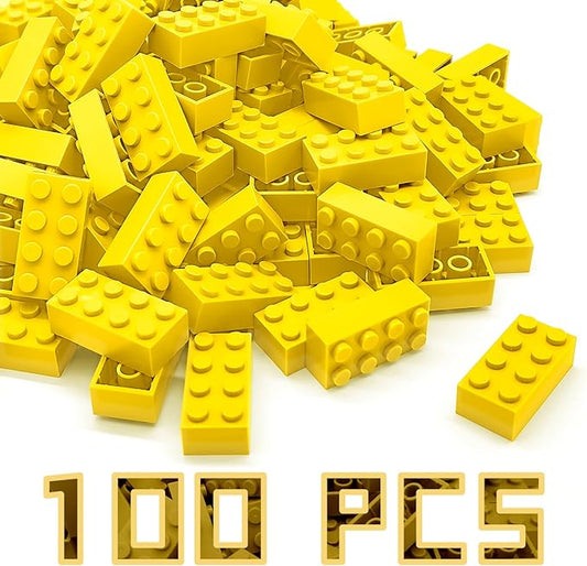 Classic Building Brick 2x4 100 Pieces, Compatible with LEGO 3001 Bulk Block Set, Creative Building Toy DIY, Suitable for Boys Girls and Teenagers Aged 6+ (Yellow)