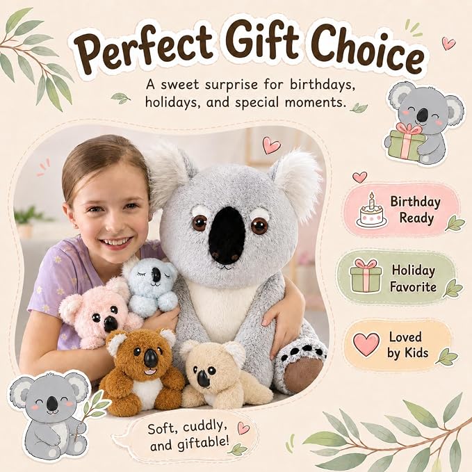 5 Piece Koala Plush Family Set, 17.7 Inch Mom Koala Stuffed Animal with 4 Baby Koala Plush Toys, Soft Koala Bear Plush with Zippered Back Pouch, Birthday for Kids