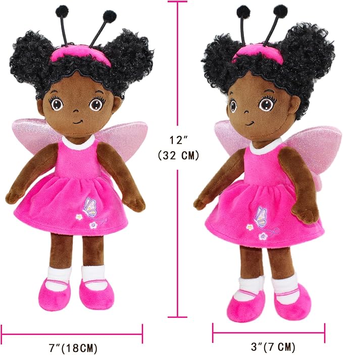 Black Baby Doll,Blacks Dolls African American Stuffed Toy,12” Rag Dolls for Girls Soft Gifts,Brown Doll Fairy Baby Toy Plush Toys for Christmas Birthday Party(Small-Black Butterfly)