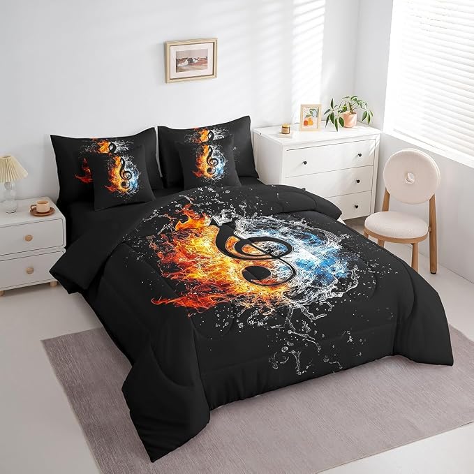 Feelyou Music Comforter Set with Sheets Twin Size Popstar Party Bed in a Bag for Boys Girls Teens Dark Black 7 Pieces Bedding Set Soft Lightweight Microfiber