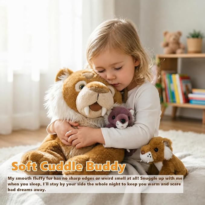 Tezituor Tiger Stuffed Animal,Tigers Plush Toys Set,17.7in Large Mommy Smilodon with 2 Babies,Realistic Wild Saber Tooth Tigers Plushie Stuffy Gift for Kids Boys Girls Easter Valentines Christmas