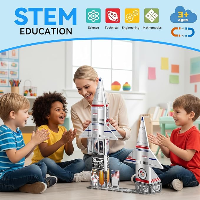 AFUNX Magnetic Tiles Space Rocket Set,46 PCS Magnetic Building Blocks for Kids 3+, STEM Learning Toys, Safe & Durable Creative Construction Play, Gift for Boys & Girls