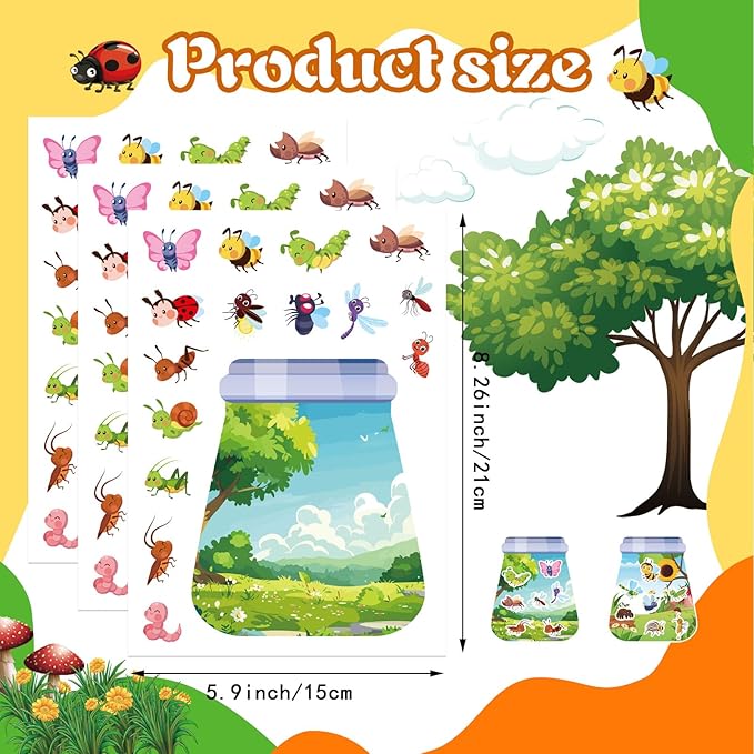 24 Sheets Insect & Bugs Jar Scene Stickers, Make Your Own Bug Jar Sticker with Bee/Butterfly/Ladybug, 8 Designs DIY Nature Scene, Spring Summer Craft, School Classroom Party Decoration