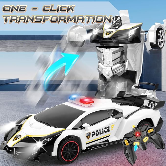 Remote Control Car Transformer Toys for Boy 4-6 Years Old: One-Button Transforming Police Car with LED Light & 360° Rotation Drifting 2.4 Ghz Robot RC Car Christmas Birthday Gift Idea for Kids