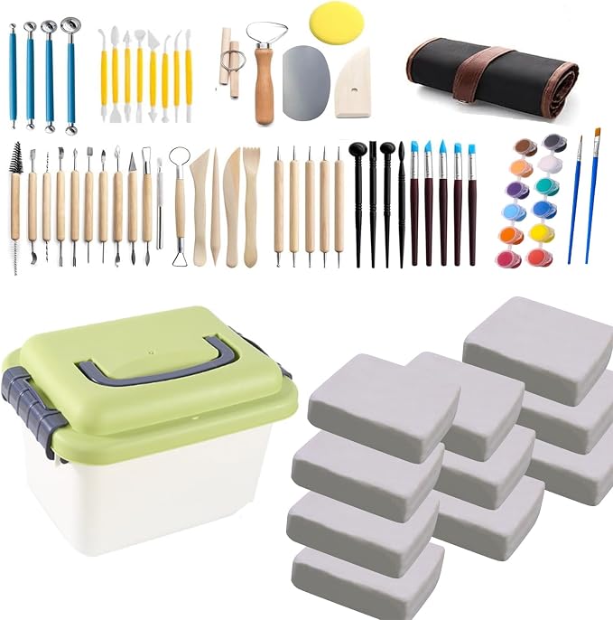 12 lb White Natural Air-Dry Clay + 52 pcs Pottery Tools + Storage Box,Ideal for Wheel Throwing,Hand Building,Sculpting;Great for All Skill Levels (12lb+Tools(52pcs)+Box, White)