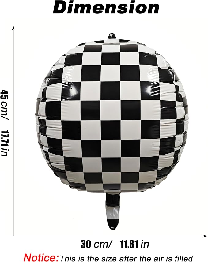 6PCS 22 Inch 4D Black and White Checkered Round Foil Balloons for Race Car Birthday Party Flag Decorations Supplies