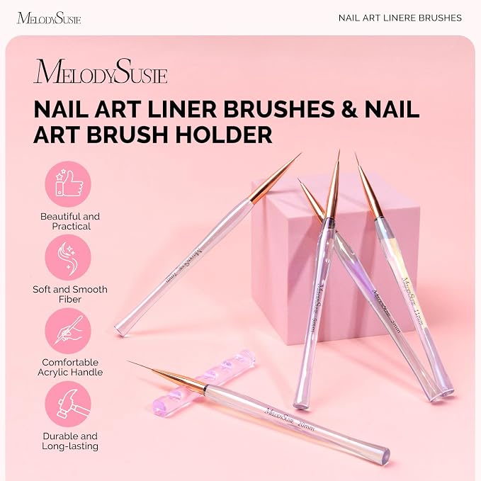 MelodySusie 5Pcs Nail Art Liner Brushes with Nail Brush Holder, Professional Gel Polish Painting Art Design Pen for Thin Long Lines, Tiny Details, Fine Drawing, Delicate Coloring Sizes 5/7/9/11/20mm