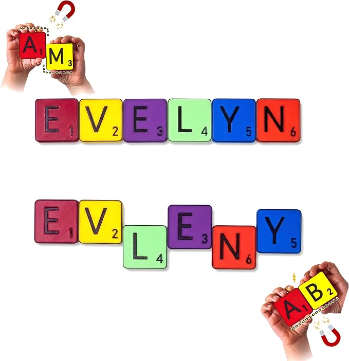 Learn Your Name! Evelyn. Personalized Self-Correcting Magnetic Tiles. First Birthday, Christmas Stocking, Easter, Educational Toy for Early Learning