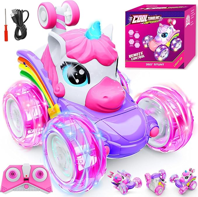 Unicorn Remote Control Car Toys for Girl - 360° Rotating Pink RC Stunt Cars 4WD Remote Cars for Kids, 2.4GHz Toy Car with LED Lights, Birthday Gift for 3 4 5 6 7 8 9 Year Old Girl
