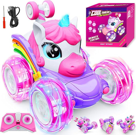 Unicorn Remote Control Car Toys for Girl - 360° Rotating Pink RC Stunt Cars 4WD Remote Cars for Kids, 2.4GHz Toy Car with LED Lights, Birthday Gift for 3 4 5 6 7 8 9 Year Old Girl