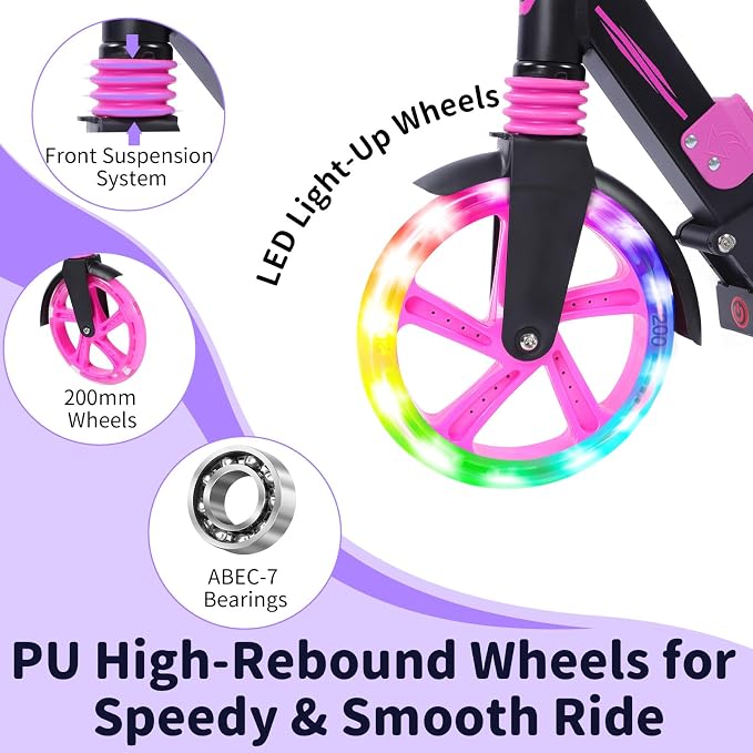 BELEEV V8 Scooters for Kids Ages 6+ with Light-Up Deck, 2 Wheel Folding Scooter for Kids, 4 Adjustable Height, Lightweight Sport Commuter Scooter, Sturdy Frame