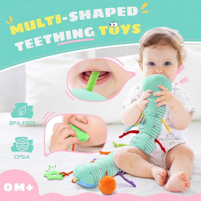 AWOTOY Baby Toys Sensory Music Caterpillar Stuffed Animals Infant Toys,Blue | Teething Toys 0-3-6-12 Months Tummy Time with Mirror Crinkle Rattle&Pull String for Newborn Boys Girls Shower Gifts Birthday