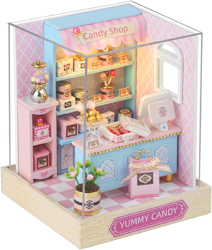 DIY Miniature Dollhouse Kits - Wooden Mini Model House with LED Lights, Tiny Furniture & Accessories – Craft Building Kits for Teens & Adults (Yummy Candy Shop) – Birthday Valentine's Gift