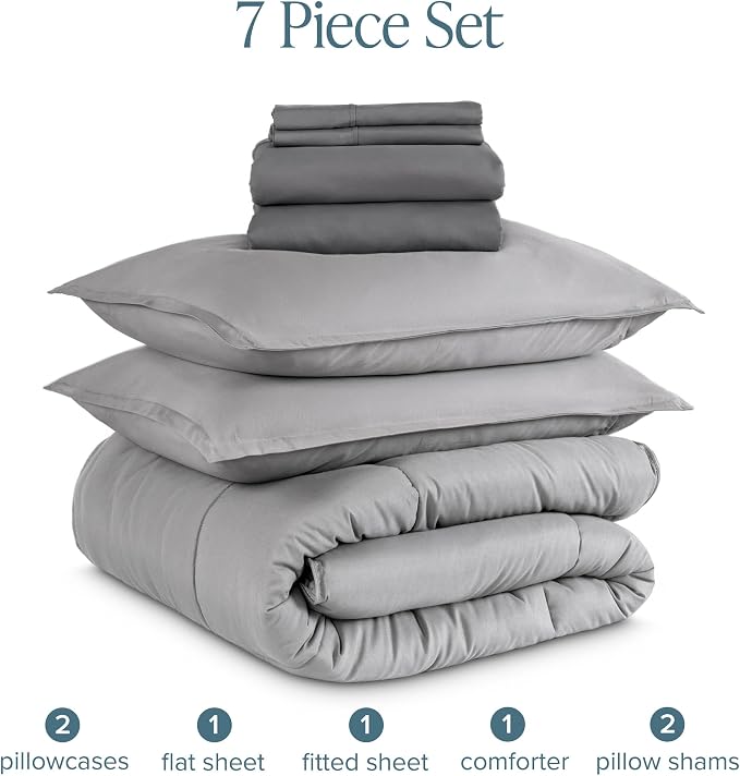 Bare Home Bed-in-A-Bag 7 Piece Comforter & Sheet Set - King - Goose Down Alternative - Ultra-Soft 1800 Premium Bedding Set (King, Light Grey/Grey)