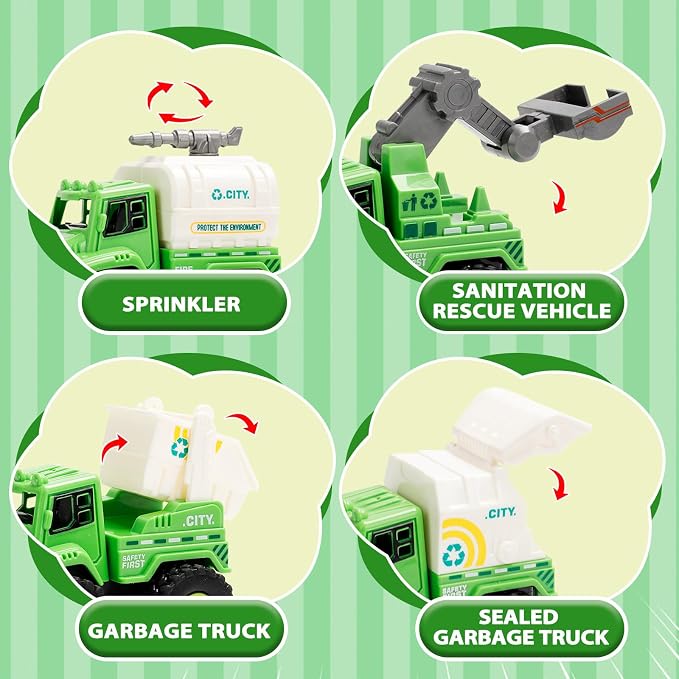 4 Pack Friction Powered Garbage Truck Toys, Push and Go Sanitation & Recycling Vehicle Set with Realistic Details, Eco-Friendly Trash Trucks for Toddlers 1-5, Gift for Boys Girls