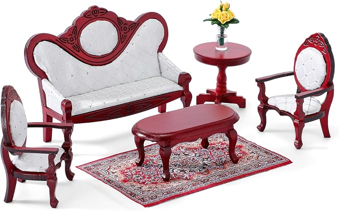 Skylety 7 Pcs Victorian Dollhouse Furniture Set 1: 12 Scale Wooden Mini House Living Room Furniture and Accessories, Sofa Table Chairs Vase for Adults Toys Gift Retro Miniature Doll House Accessories