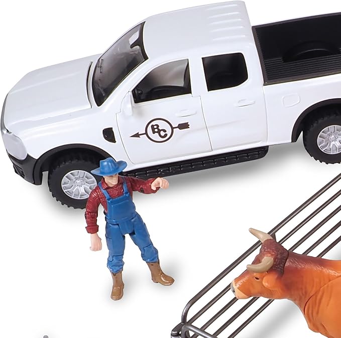 Big Country Toys: Truck & Cattle Trailer Adventure - 18pc Farm Toy Playset, Light-Sound White Pickup, Articulated Animals & Rancher Figure, Kids 3+