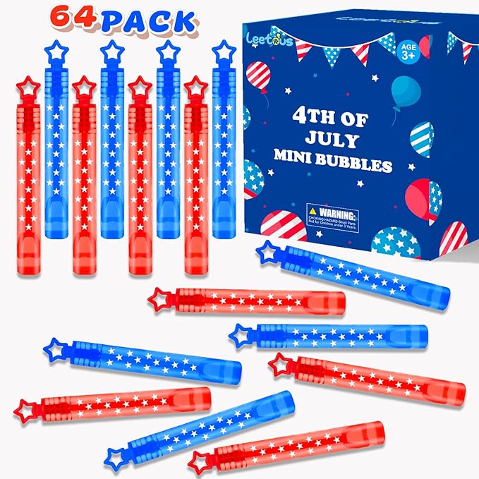 Patriotic Mini Bubbles Wands Toys Bulk 64 Pack - Party Favors Supplies for Kids, 4th of July Red White Blue Gift Prize Games Accessories Decoration for Independence Day Fourth of July Parade Throws