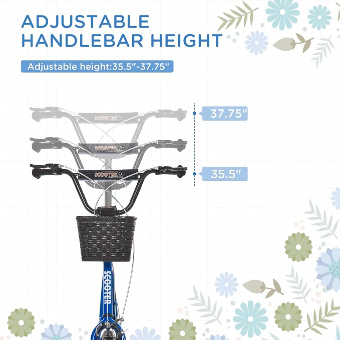 Aosom Youth Scooter, Kick Scooter with Adjustable Handlebars, Double Brakes, 16" Inflatable Rubber Tires, Basket, Cupholder